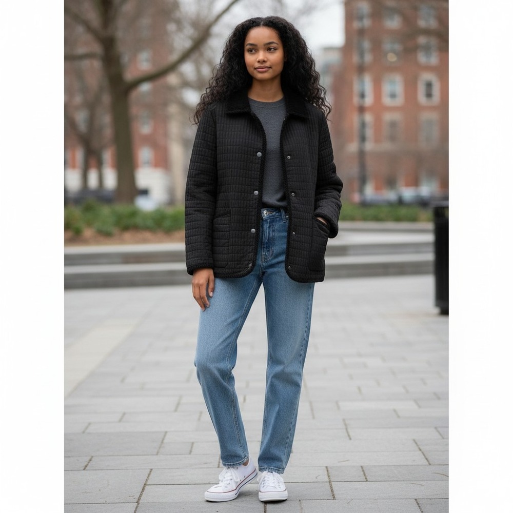 Gallery Quilted Jacket Small Black Excellent Corduroy Trim Snap Front Barn Coat